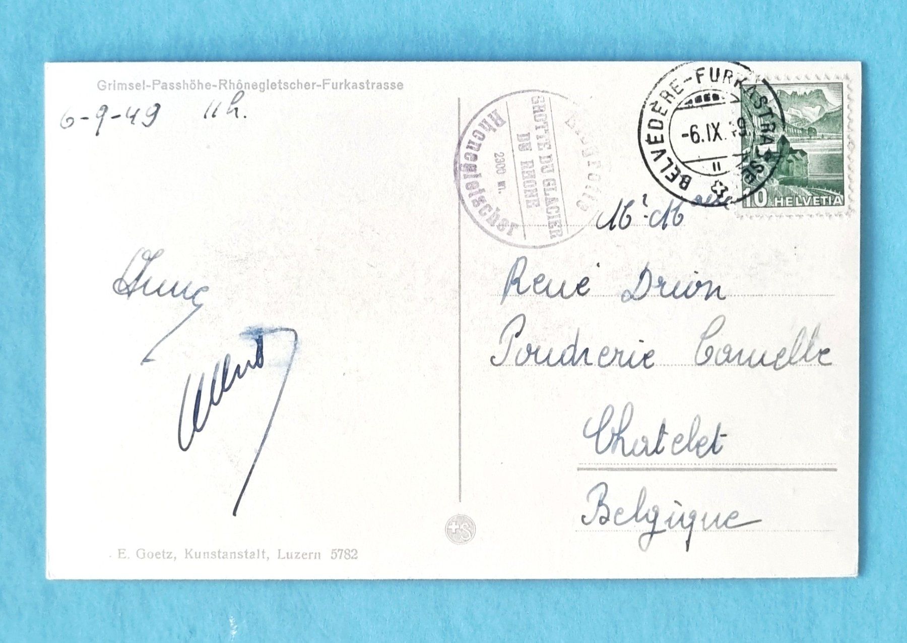 Ansichtskarten: Grimsel - Passtrasse - Rhonegletscher - altes Postauto 1949 – Gebraucht aus Rothrist von RROENK 1