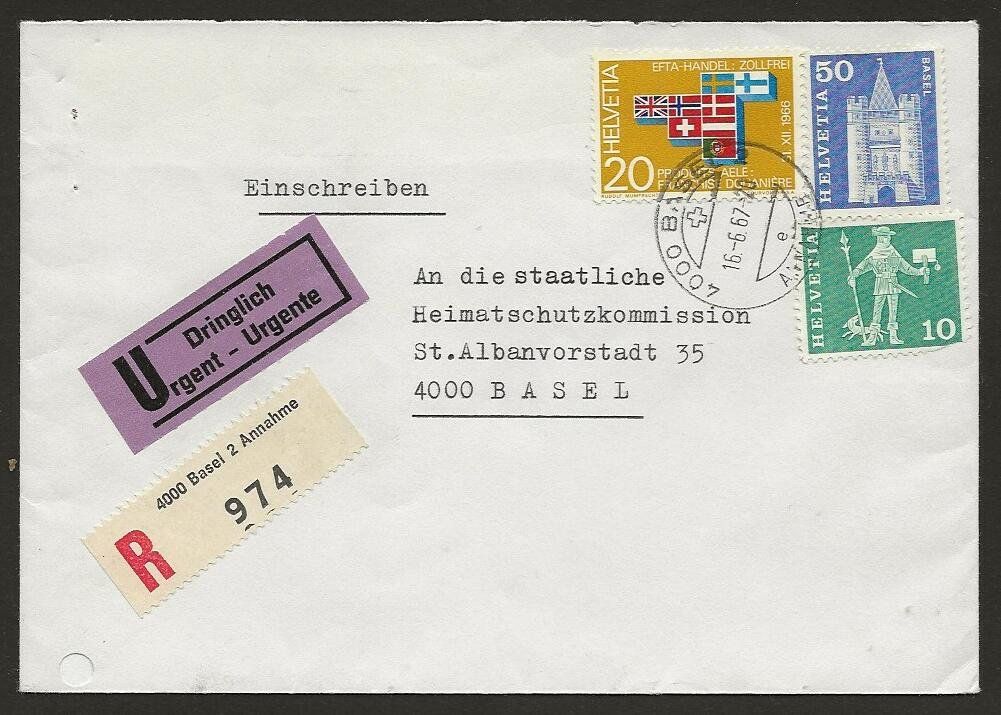 Tutti i francobolli: 1967 R- & Dringlichbrief von Basel – Usato da Arlesheim venduto da kuhnphila