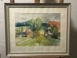 Aquarell „Frühling 74“ – Maria Huf – Greifensee – signiert
