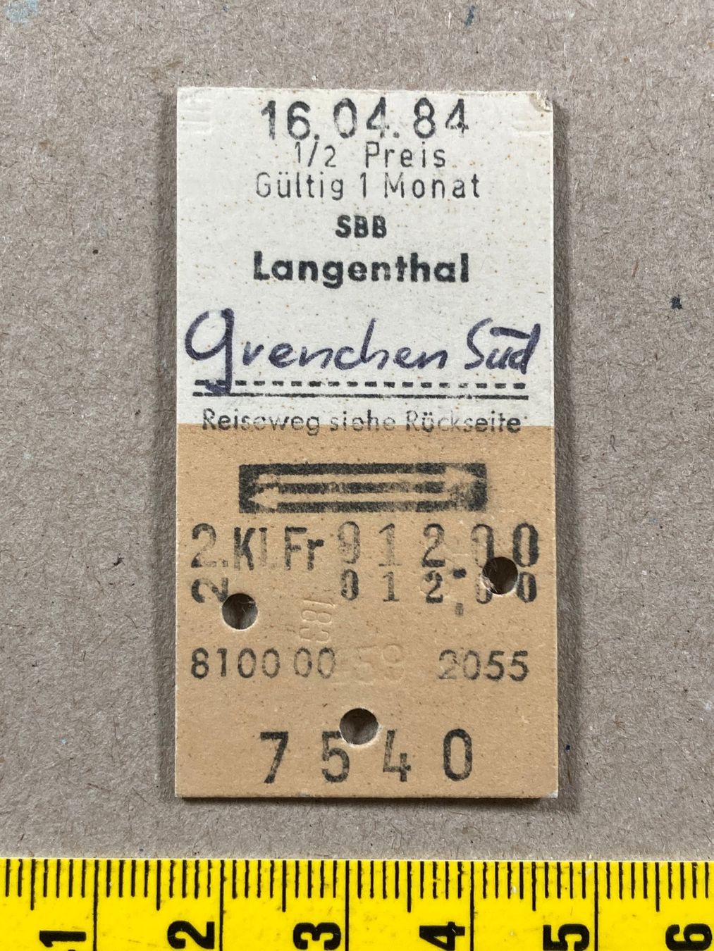 Biglietti: Langenthal - Grenchen Süd, Bahn Billett SBB, 16.4.1984 – Usato da Lenzburg venduto da fh1
