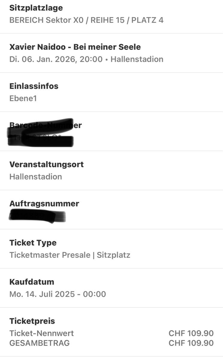 2 Xavier Naidoo Tickets 06. Jan 2026, Hallenstadion Zürich (Neu (gemäss ...