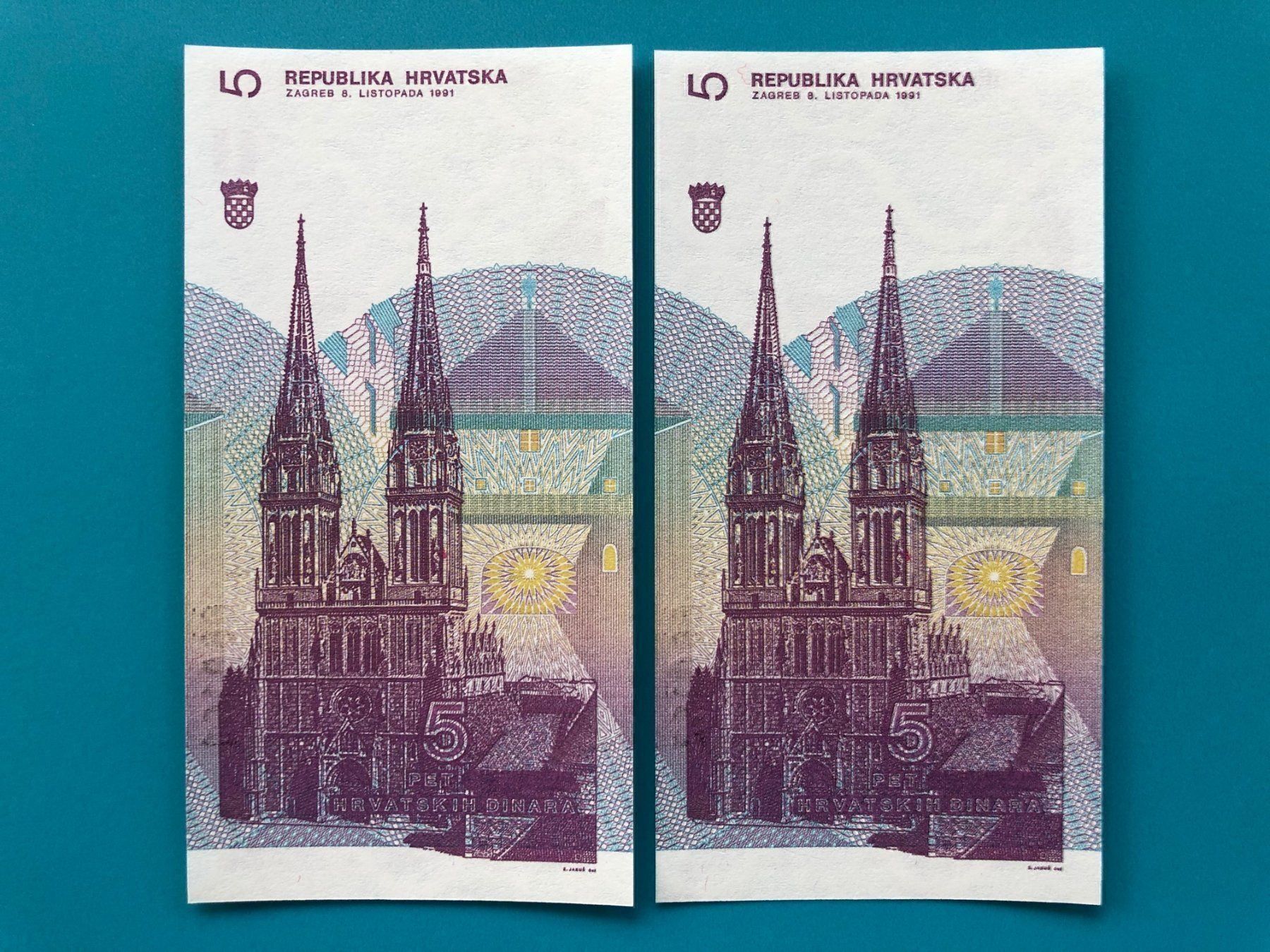 Banknoten: Zagreb 1991 - Kroatien - 2x5 Dinar UNC – Neu (gemäss Beschreibung) aus Pfäffikon SZ von Sieben77 1