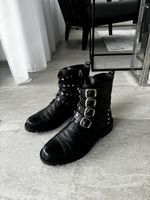 Damen Lederboots Schwarz Nieten & Schnallen Gr. 38