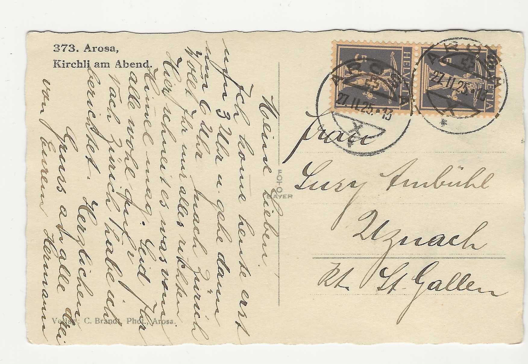 Cartoline postali: Arosa.  Kirchli am Abend   1925 – Usato da Küttigen venduto da rolypo 1