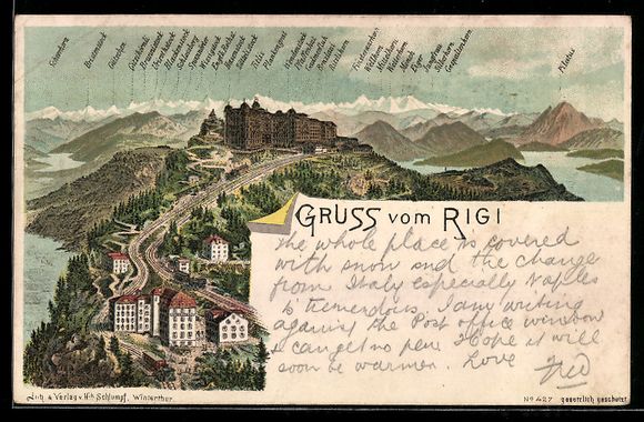 Cartoline postali: Litho Rigi, Ortsansicht mit Alpenpanoram – Usato da Berlin venduto da bartko-reher