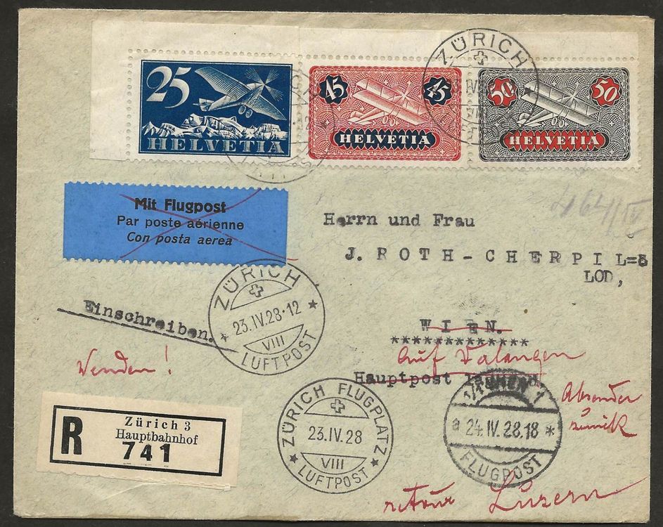 Flugpost Schweiz 1928 Zürich Wien BALAIR DLH Luftpost (Neu und ...