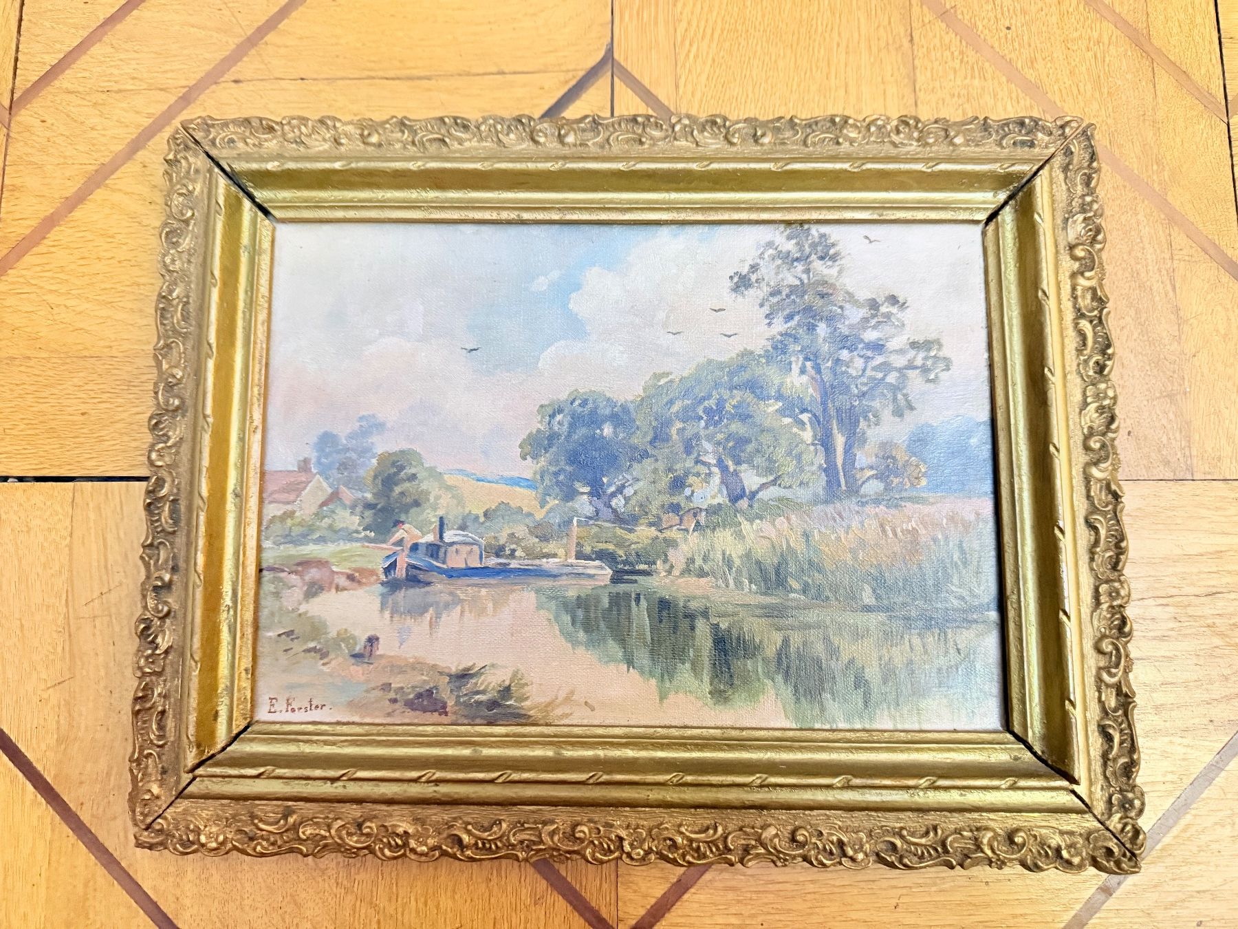 Dipinti: Gemälde, Flusslandschaft mit Boot, signiert E. Forster. – Usato da Aesch ZH venduto da Tomy007008