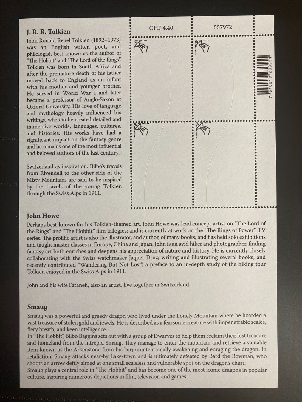 Tutti i francobolli: Schweiz 2023 Kleinbogen Tolkien Smaug postfrisch – Nuovo (secondo la descrizione) da Liestal venduto da schnueps 1