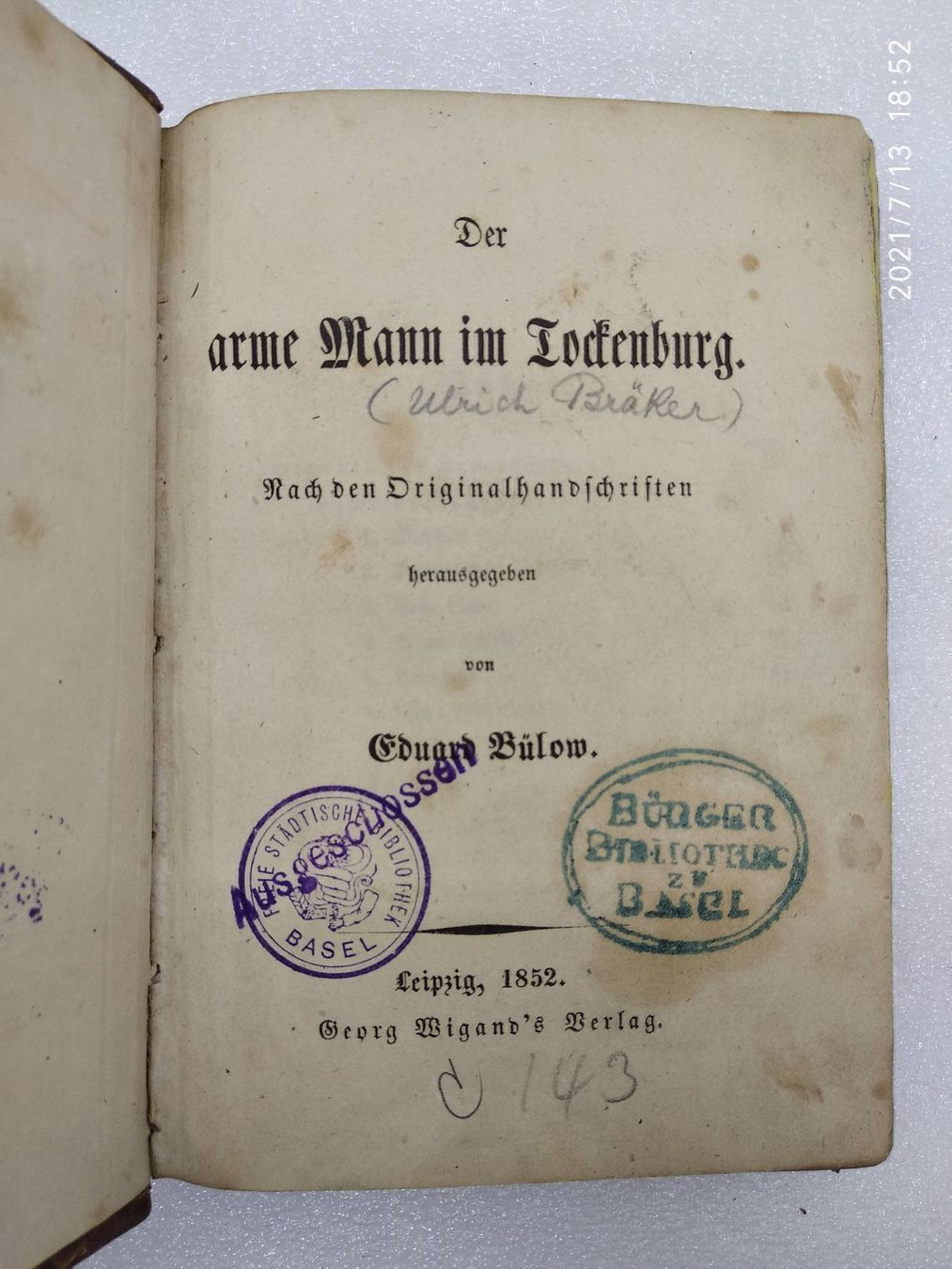 Stempel: BRÄKER - DER ARME MANN IM TOCKENBURG – Gebraucht aus Goldach von Gaip