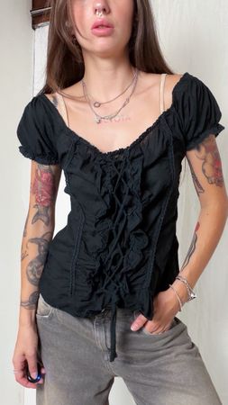 Black cotton vintage blouse with ruffles
