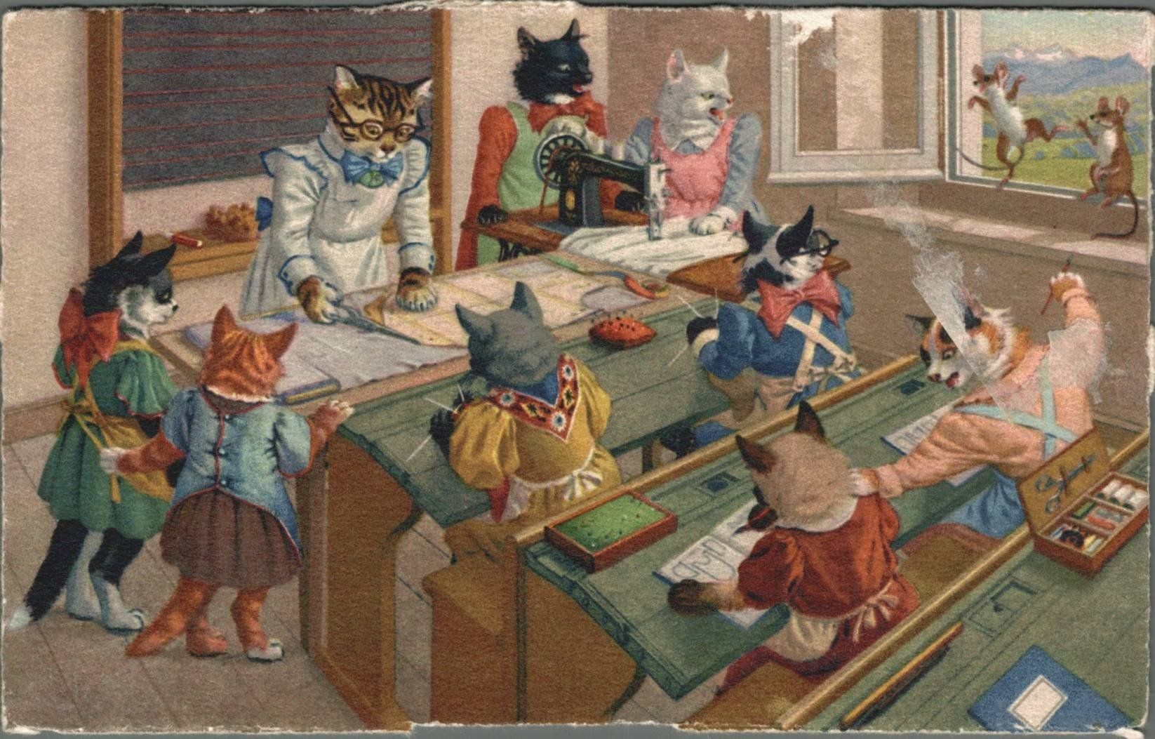 Cartoline postali: Antike Postkarte - Katzenklassenzimmer – Usato da Oberkirch LU venduto da sa_kr