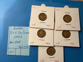 SUISSE : 5 X 1 CENTIME 1931 - Bon état