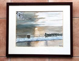 Aquarelle: coucher de soleil sur le Léman depuis la Riviera 