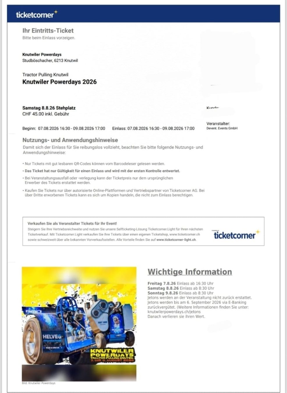 Billets: Knutwiler Powerdays 2026 Stehplatz Ticket Samstag 8.8.26 – Neuf (Voir description) à Wolhusen par pon_lj2k