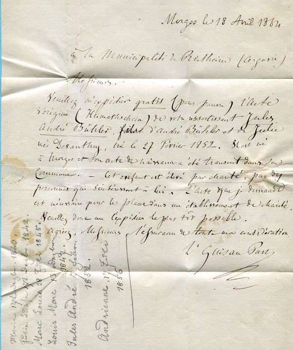 Tutti i francobolli: Faltbrief von Morges nach Rietheim 1864 – Usato da Opfikon venduto da Prophila 1