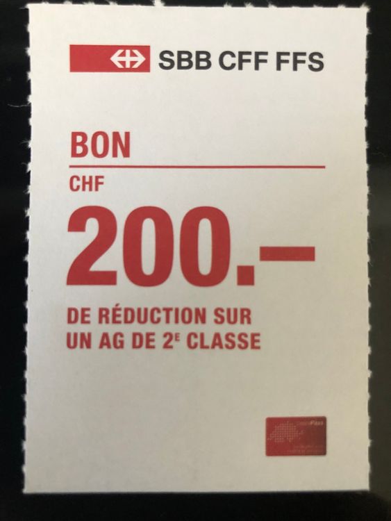 Bon de 200. de réduction pour achat AG CFF/SBB 2eme classe Kaufen