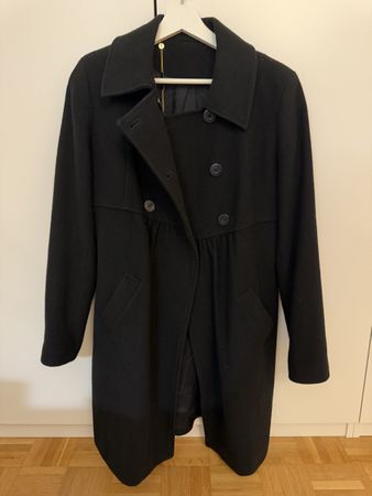 Classic Black Wool Coat Double Breasted Mid Length S