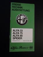 Prospekt Preisliste Alfa Romeo 1987 33 75 90 Spider