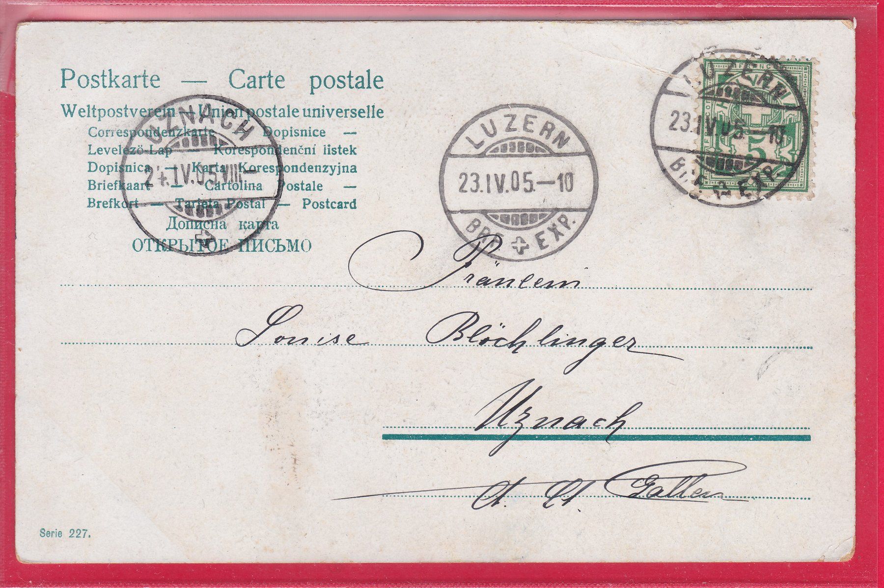 Cartoline postali: FRÖHLICHE OSTERN, 23.4.1905 – Usato da Oberrieden venduto da Gebirgsstelze 1