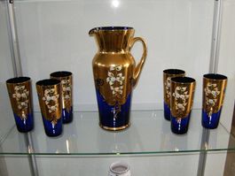 Karaffe und Wassergläser BlueQueen vergoldet,  Handbemalt