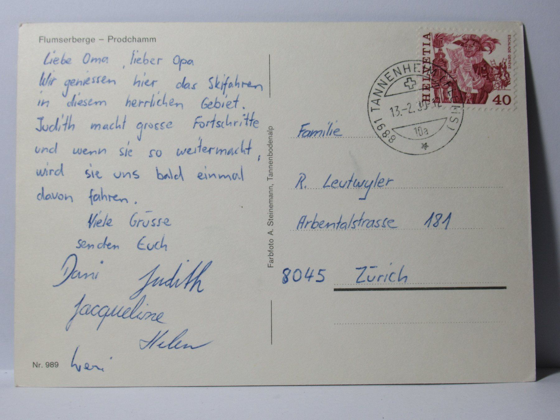 Cartoline postali: Flumserberge - Prodchamm 1990 – Usato da Grenchen venduto da Bluemchen1900 1