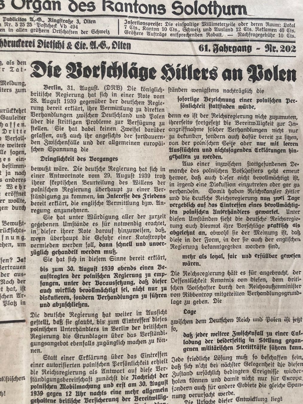 Riviste & Magazine: Oltner Tagblatt , Freitag 1. September 1939 – Usato da Subingen venduto da ArtBead 3