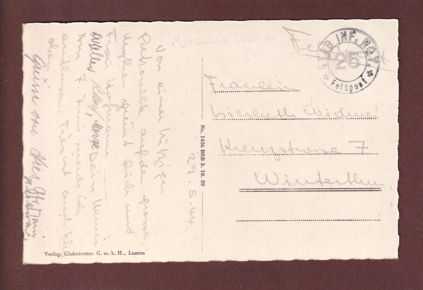 Cartoline postali: MYTHEN-KULM - 1944 Feldpost – Usato da Pully venduto da nicecards 1