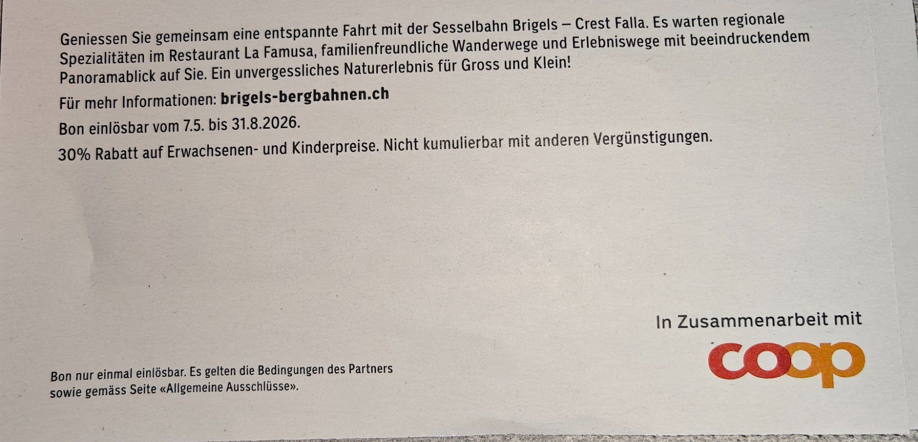 Gutscheine: Gutschein 30% Bergbahnen Brigels Breil Crest Falla – Gebraucht aus Schmiedrued von elvis_88 1