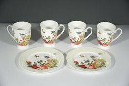 Romantik Geschirr mit Rosen und Vögel: 4 Tassen und 2 Teller