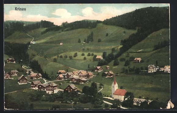 Cartoline postali: Krinau, Ortsansicht mit Berglandschaft – Usato da Berlin venduto da bartko-reher