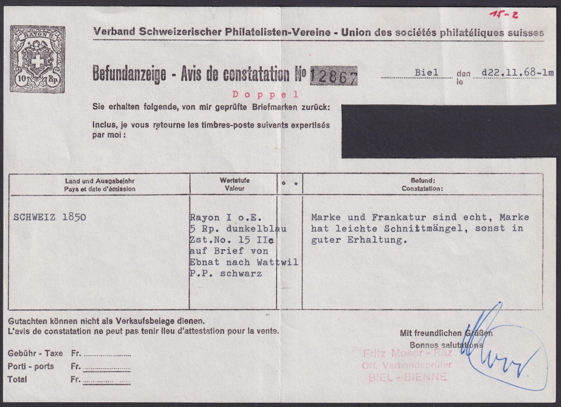 Tutti i francobolli: EBNAT nach WATTWIL 1850, 15II.c auf Brief +Attest, 2000.-+ – Usato da Sursee venduto da Luzernerraute 4