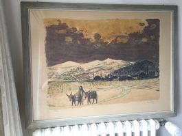 Colorierte Litho   Frau mit Essel Signieert  Lallo 1961