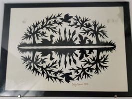Original Scherenschnitt  See mit Wasservögel