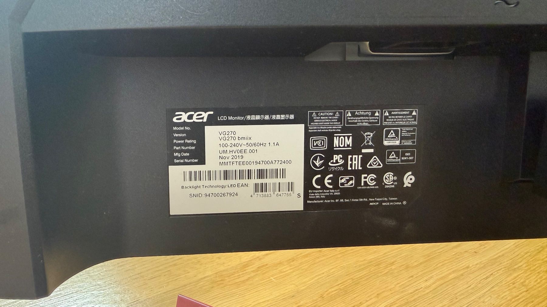 Acer Monitor: Acer Nitro VG270 27” + cables – Usato da Arzier-Le Muids venduto da nat_g5ny 3