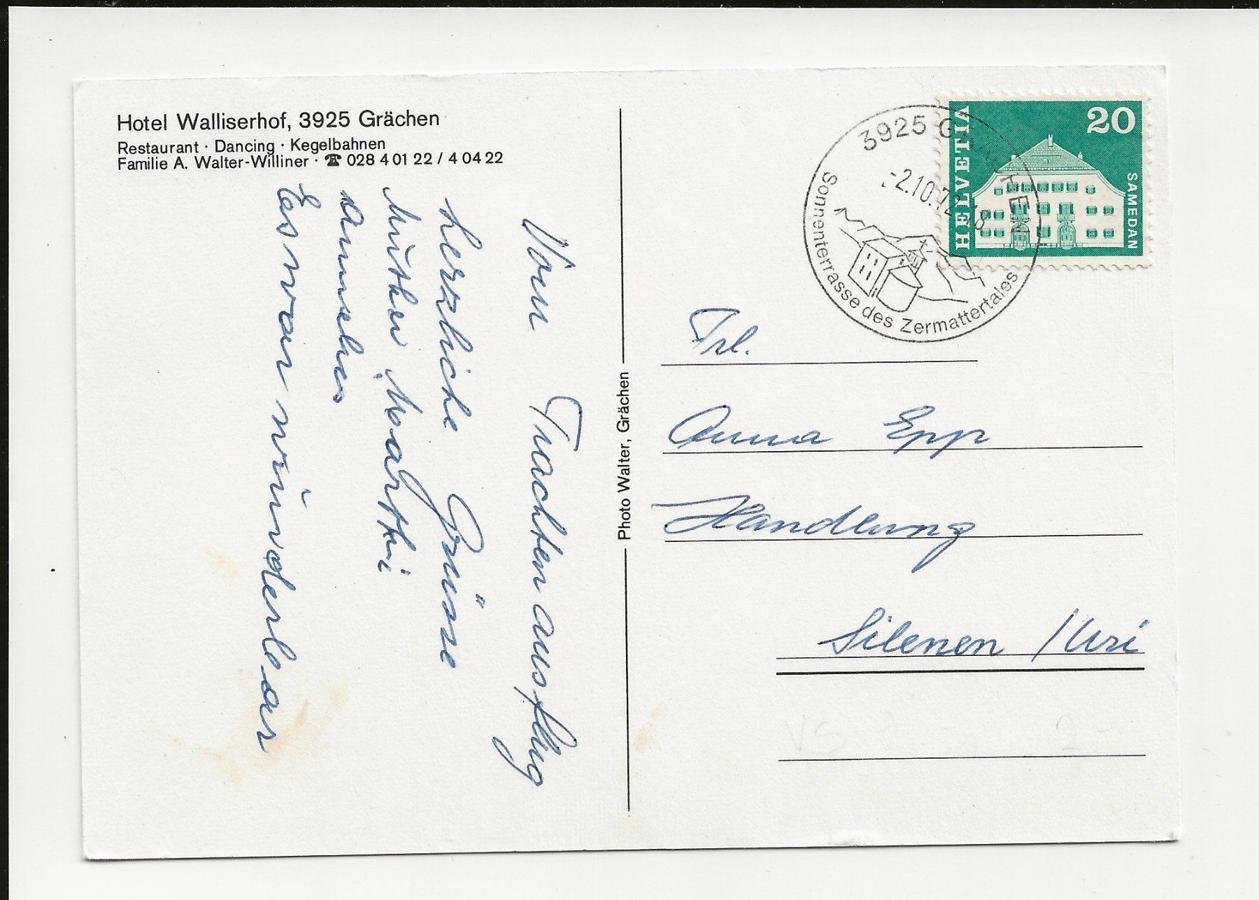 Cartoline postali: AK 1972 Hotel Walliserhof, Grächen – Usato da Greifensee venduto da 315WDO 1