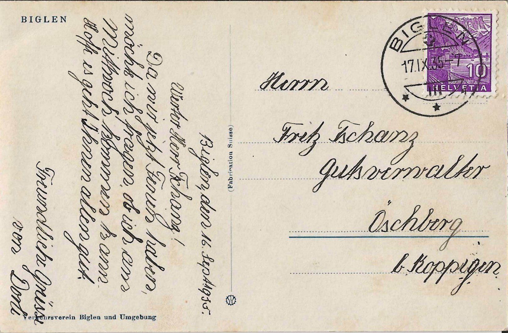 Cartoline postali: Karte Biglen 1945 – Usato da Zürich venduto da Philacat11 1