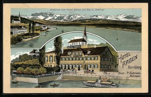 Cartoline postali: Herrliberg, Hotel Raben mit Ausblick auf – Usato da Berlin venduto da bartko-reher