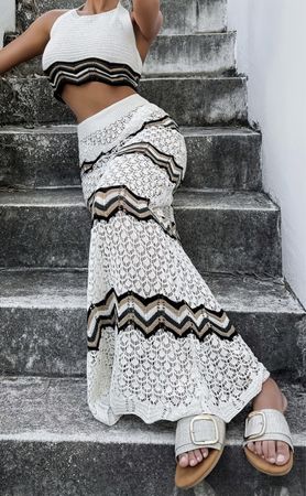 Set Estivo Donna Top e Gonna Lunga Bianco Nero Beige Nuovo