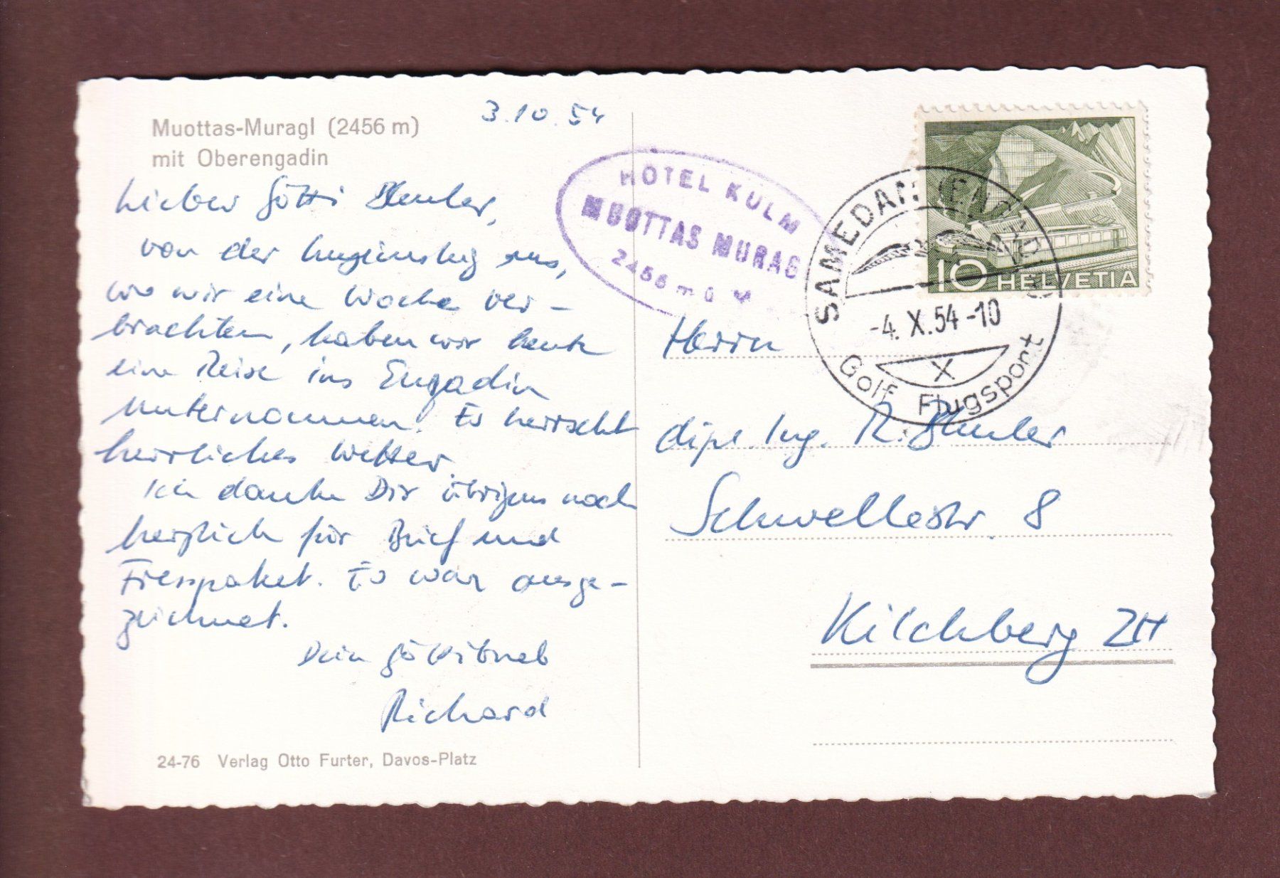 Ansichtskarten: MUOTTAS MURAIGL - 1954 – Gebraucht aus Pully von nicecards-shop 1