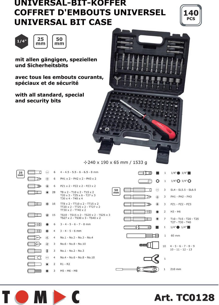 Tutti gli attrezzi: TC0128 Universal Bit Koffer - 140-tlg. 1/4" – Nuovo e nell'imballaggio originale da Koppigen venduto da Bracher_Mail-House 1