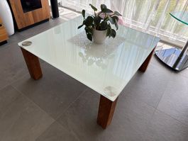 Salontisch Glasplatte Nussbaum Weiss 90x90cm