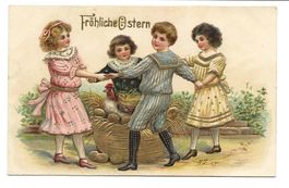 Fröhliche Ostern - Kinder tanzen Reigen  Präge-Litho um 1910