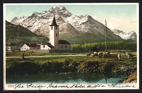 Cartoline postali: AK Sils, Kirche mit Piz della Margna – Usato da Berlin venduto da bartko-reher