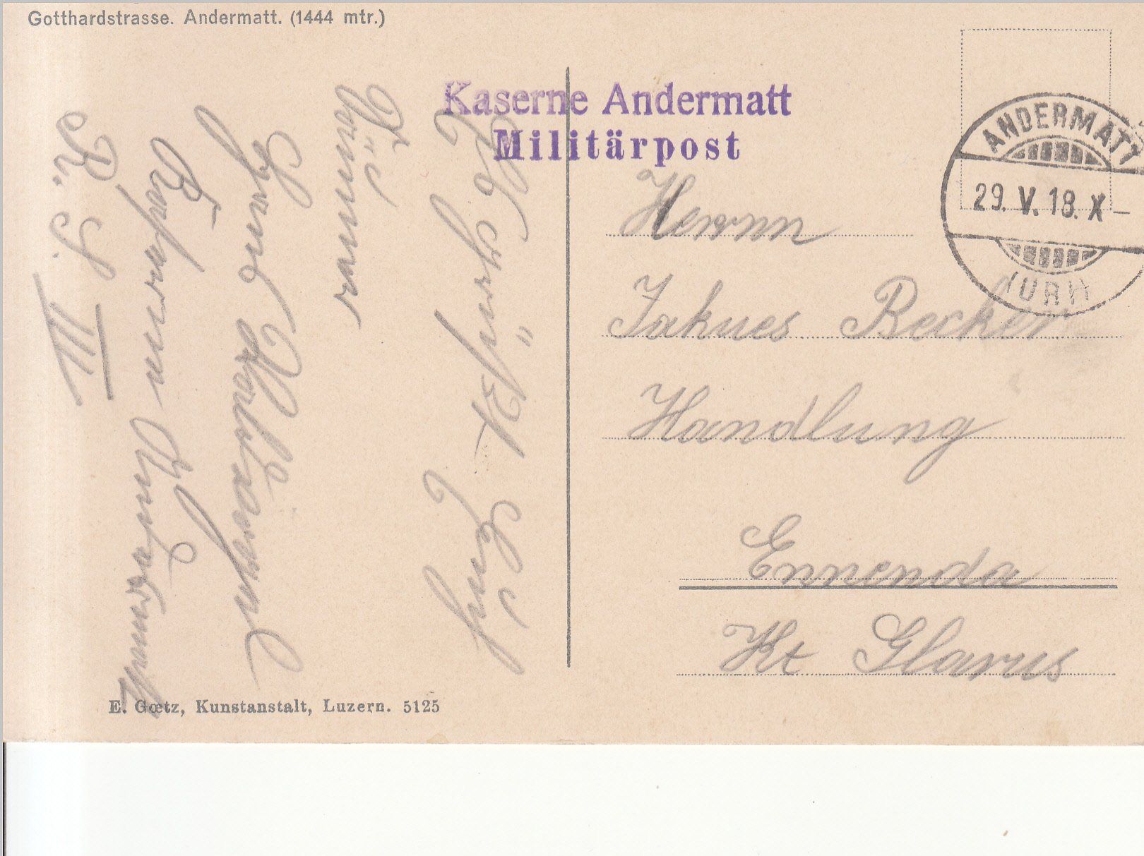 Cartoline postali: Andermatt 1918, Stab-ST Kaserne Andermatt – Usato da Bürglen TG venduto da StampGraf 1