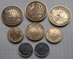 Frankreich, 20, 10, 5, 1 centimes 1952-1967 8er Lot