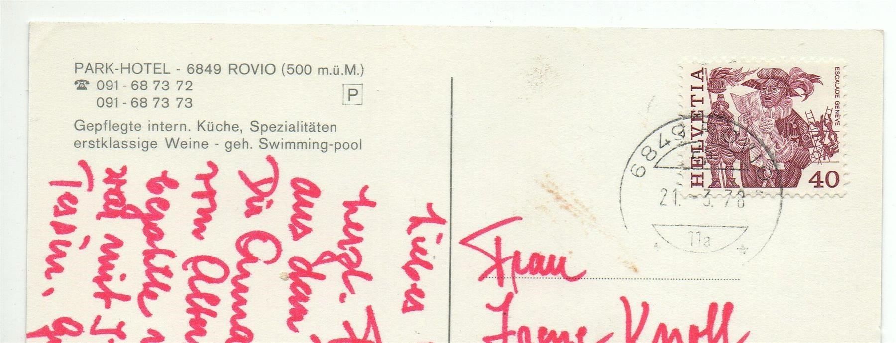 Cartoline postali: ROVIO Park-Hotel, Auto – Usato da Jona venduto da philajona 1