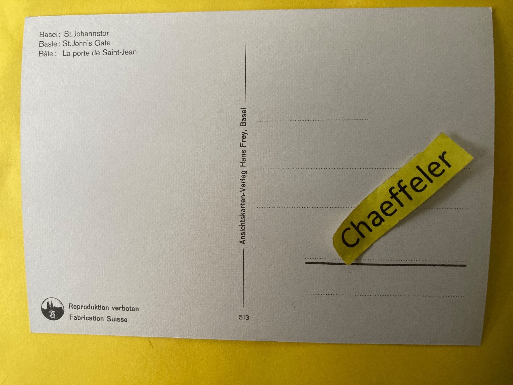 Cartoline postali: Basel, St. Johannstor – Usato da Zürich venduto da Chaeffeler 1