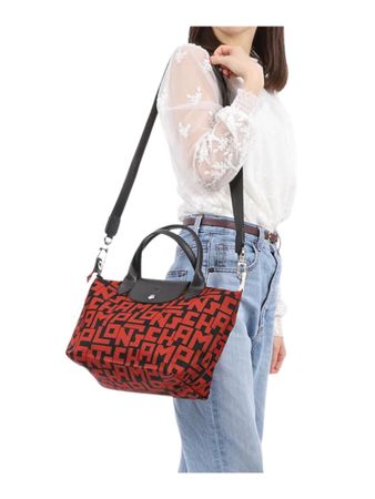 Longchamp Le Pliage Handtasche neu rot/schwarz Logo Print