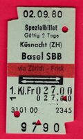 SBB KARTON SPEZIALBILLETT, KÜSNACHT-BASEL, 1.KL. RETOUR,1980