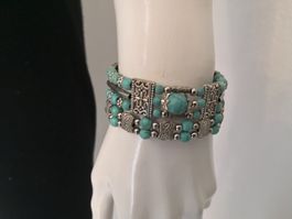 🤩BOHO-CHIC 2 ETHNO ARMBÄNDER SILBER MIT TÜRKIS-PERLEN NEU